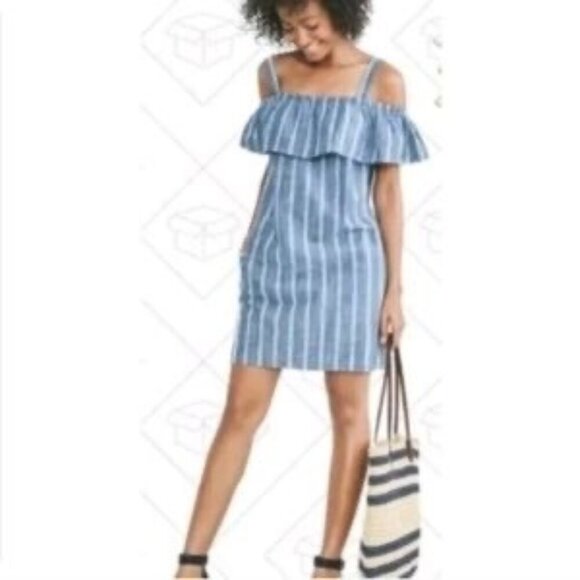 J. Crew Chambray Striped Off Shoulder dress Sz Large - Picture 1 of 8